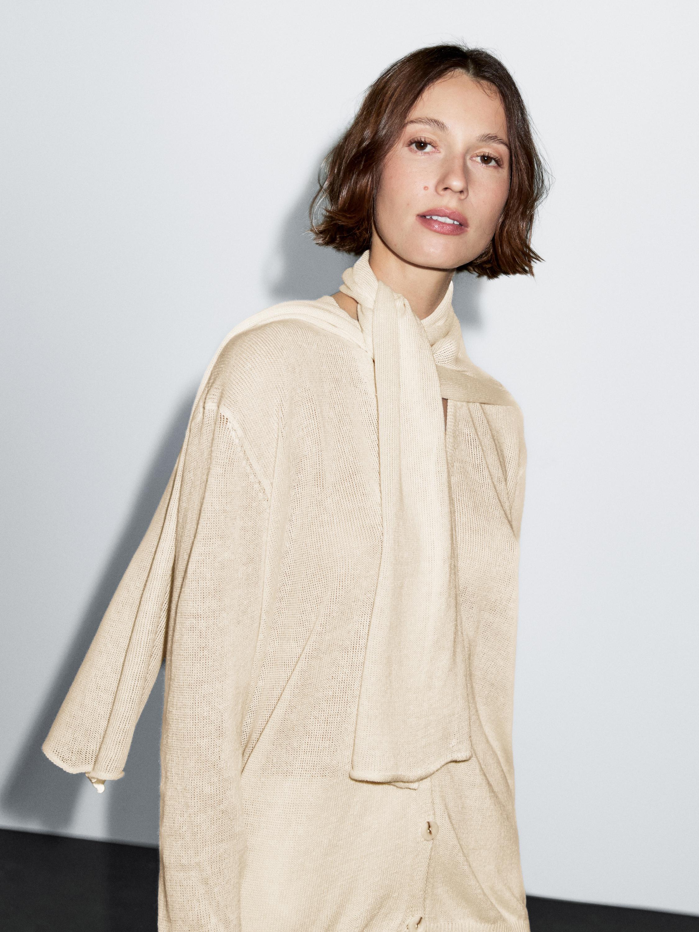 Linen blend knit cardigan with scarf